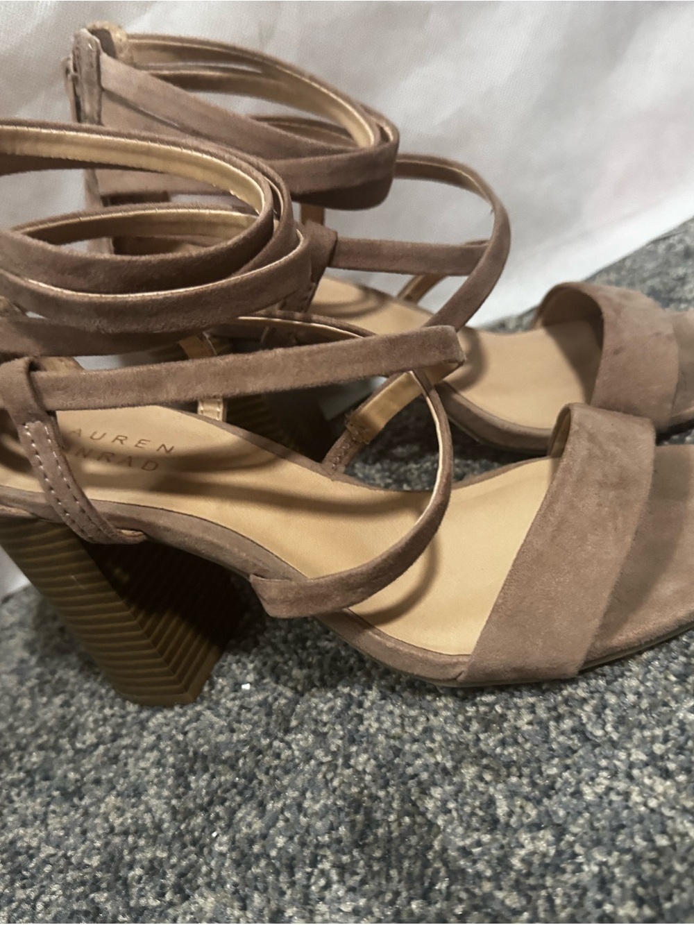 LC Lauren Conrad Taupe Strappy Suede Block Heel Sandals